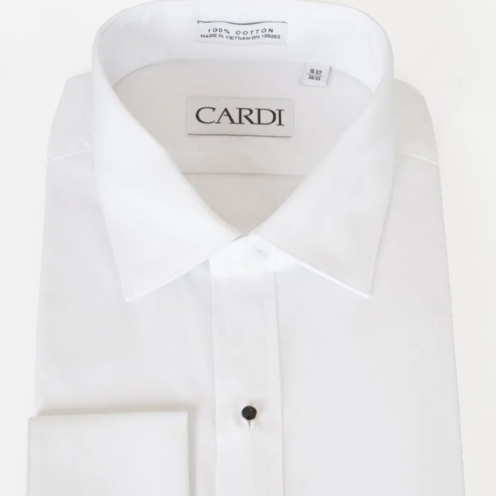 Non Pleated White Cotton French Cuff Laydown Collar Tuxedo Shirt Modern Fit